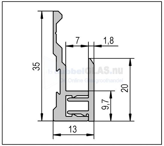 Spiegelprofiel aluminiumkleurig geëloxeerd E6/EV1  35 x 13 x 20 500cm
